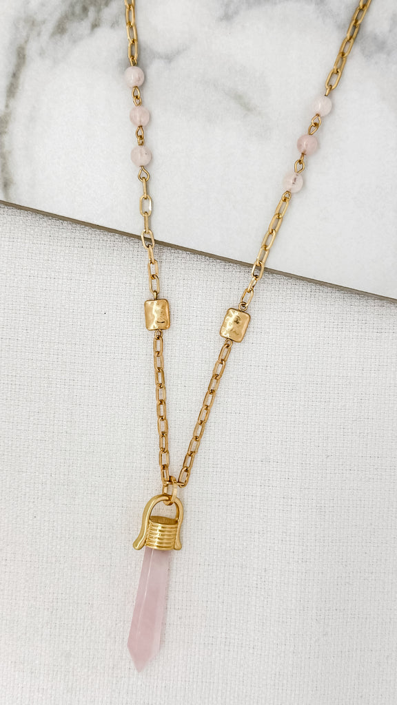 Long Crystal Pendant Necklace in Gold and Pink