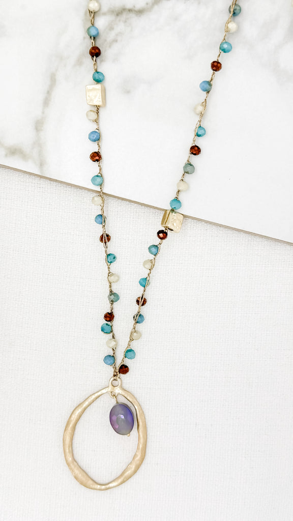 Beaded Pendant Long Necklace in Gold