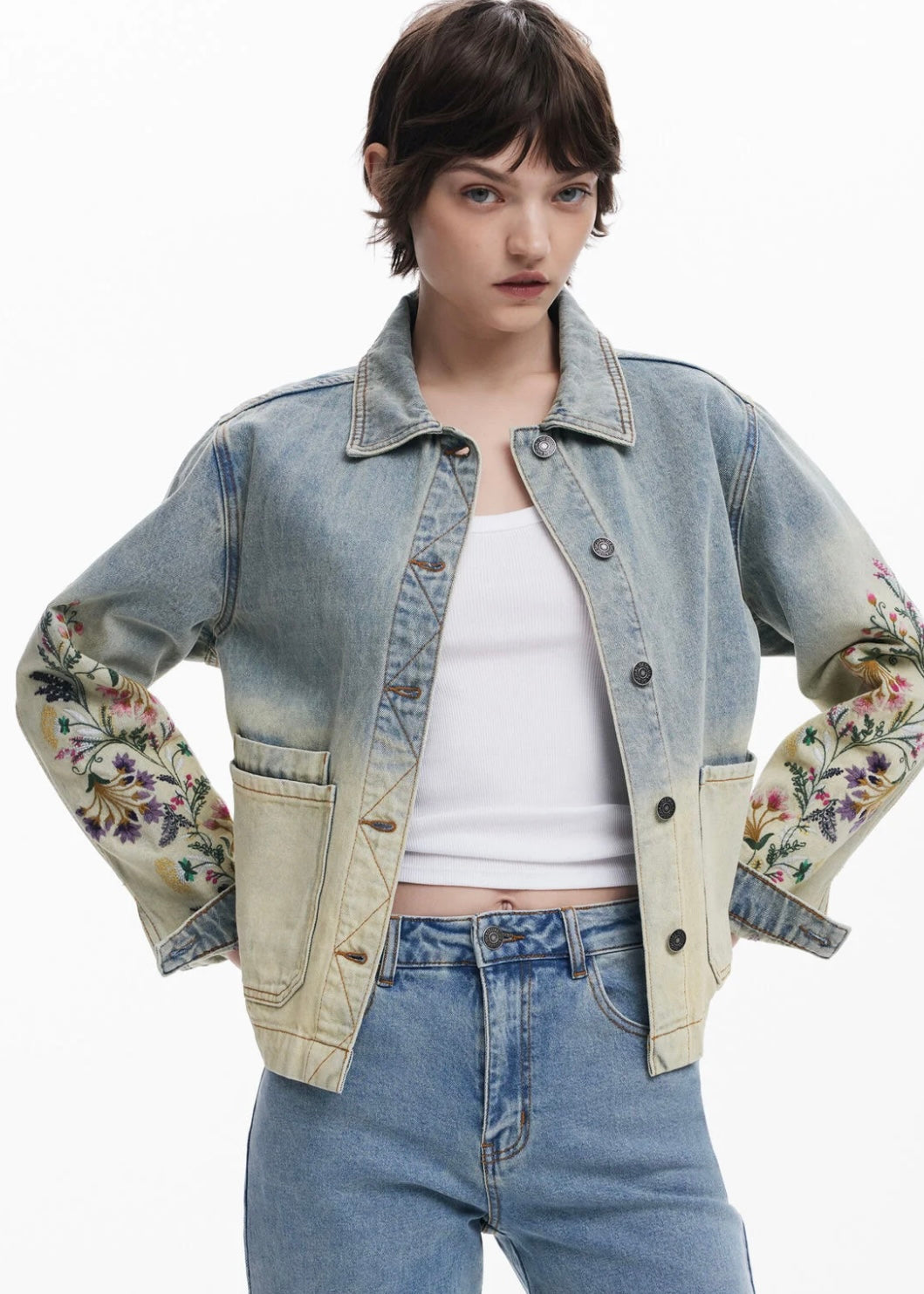 Floral Denim Jacket - Bleach Blue