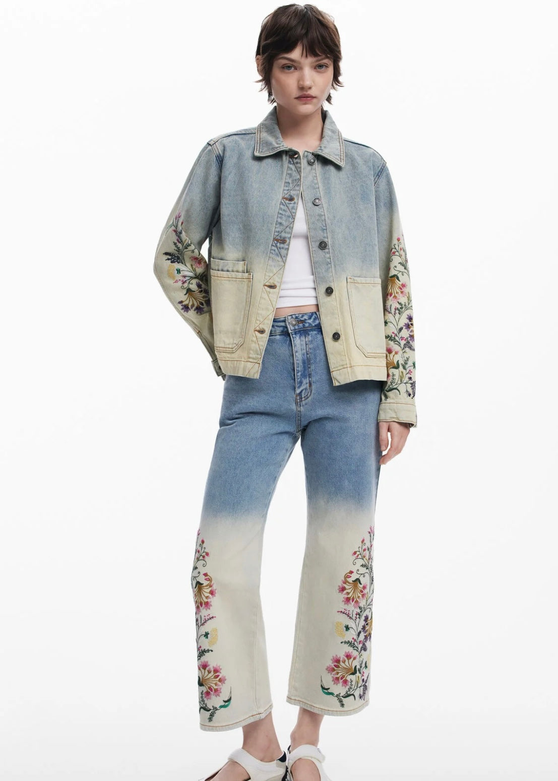 Floral Ankle Grazer Jeans - Bleach Blue