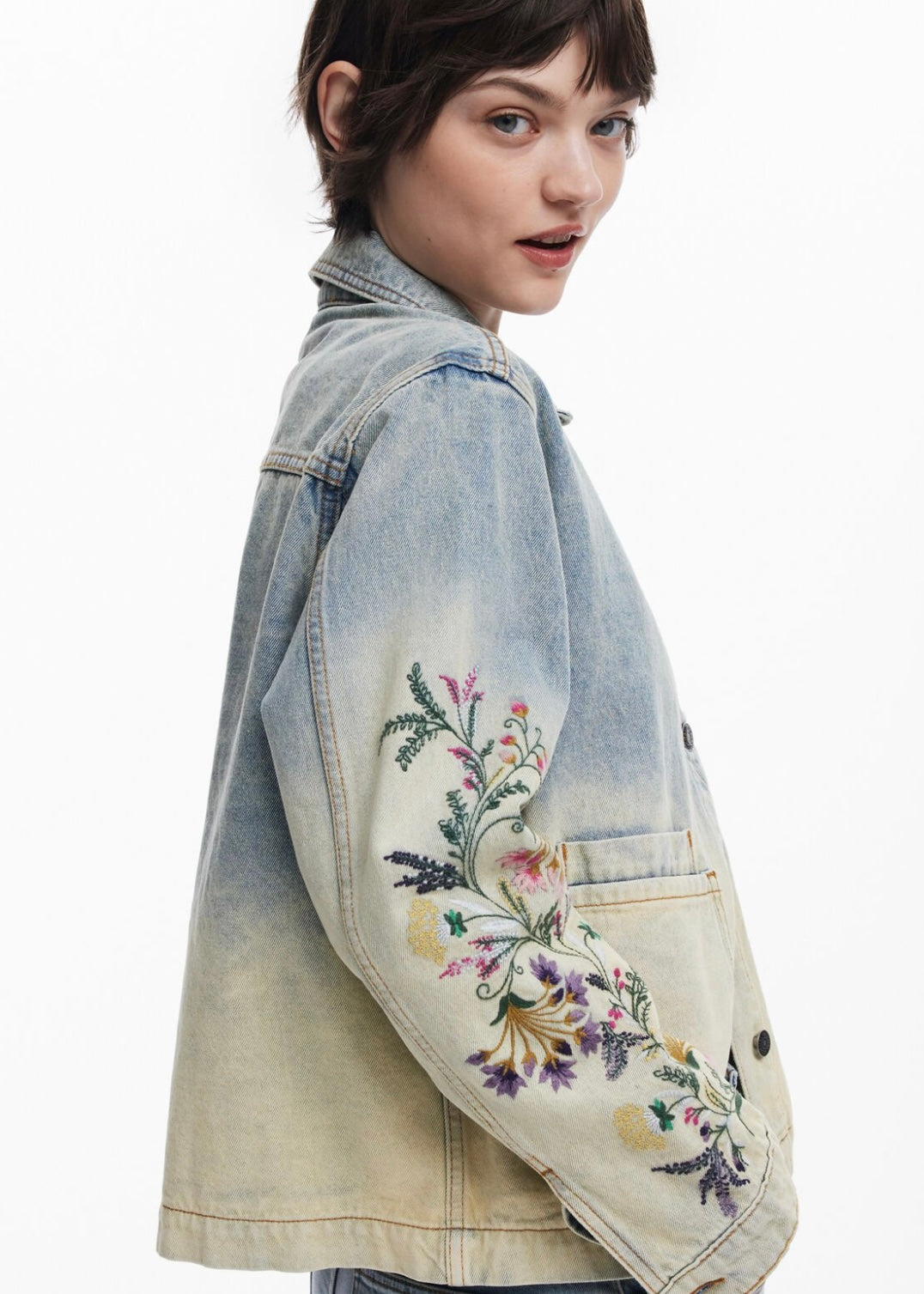 Floral Denim Jacket - Bleach Blue