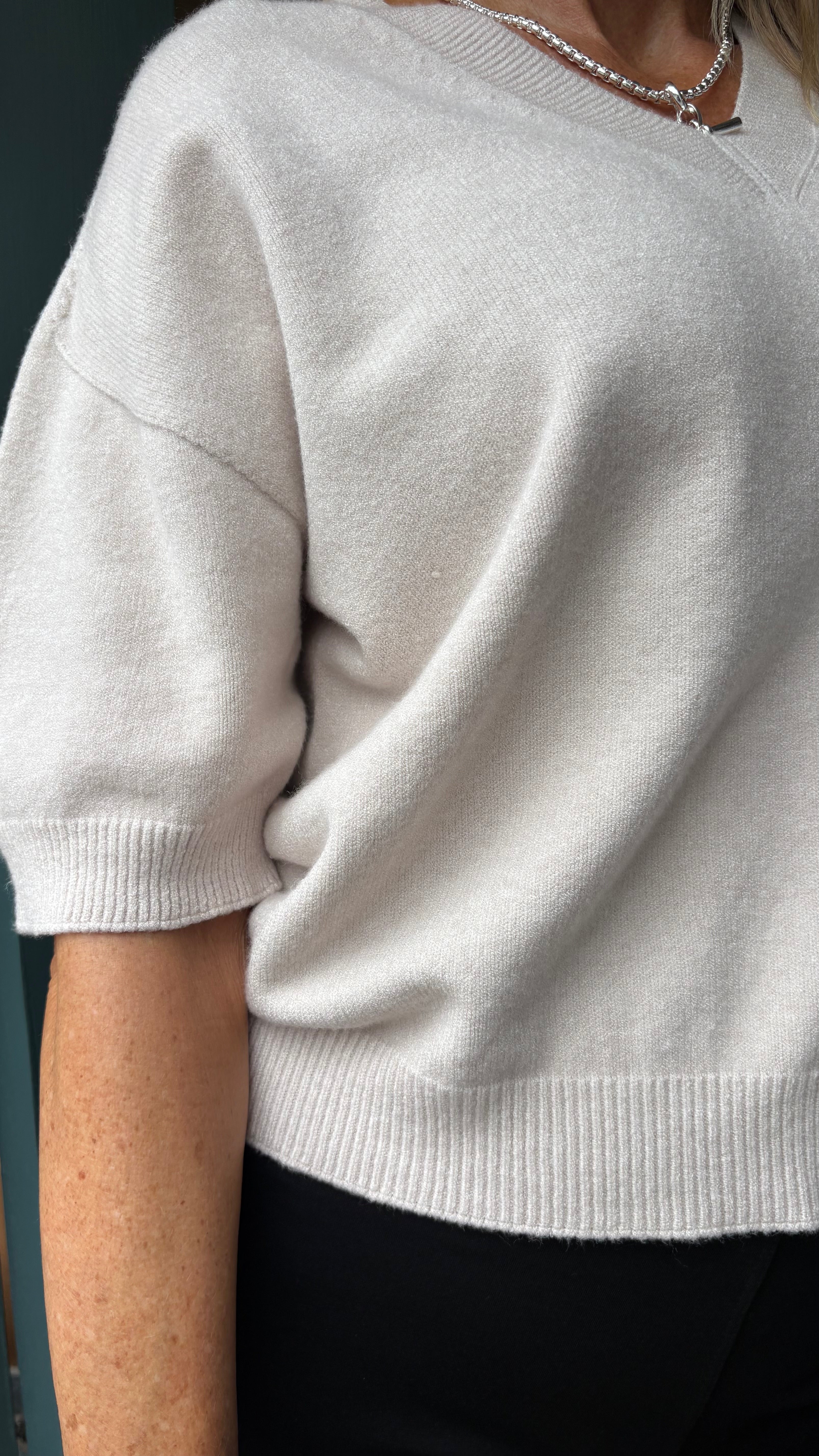 V-Neck Short Sleeve Jumper - Beige