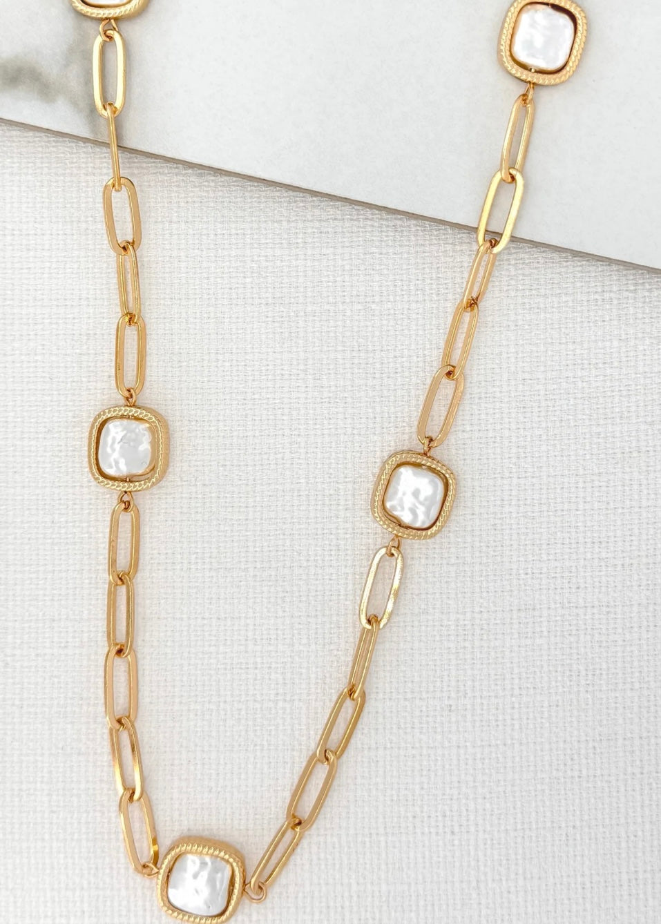 Square Pearl & Gold Long Necklace - Gold