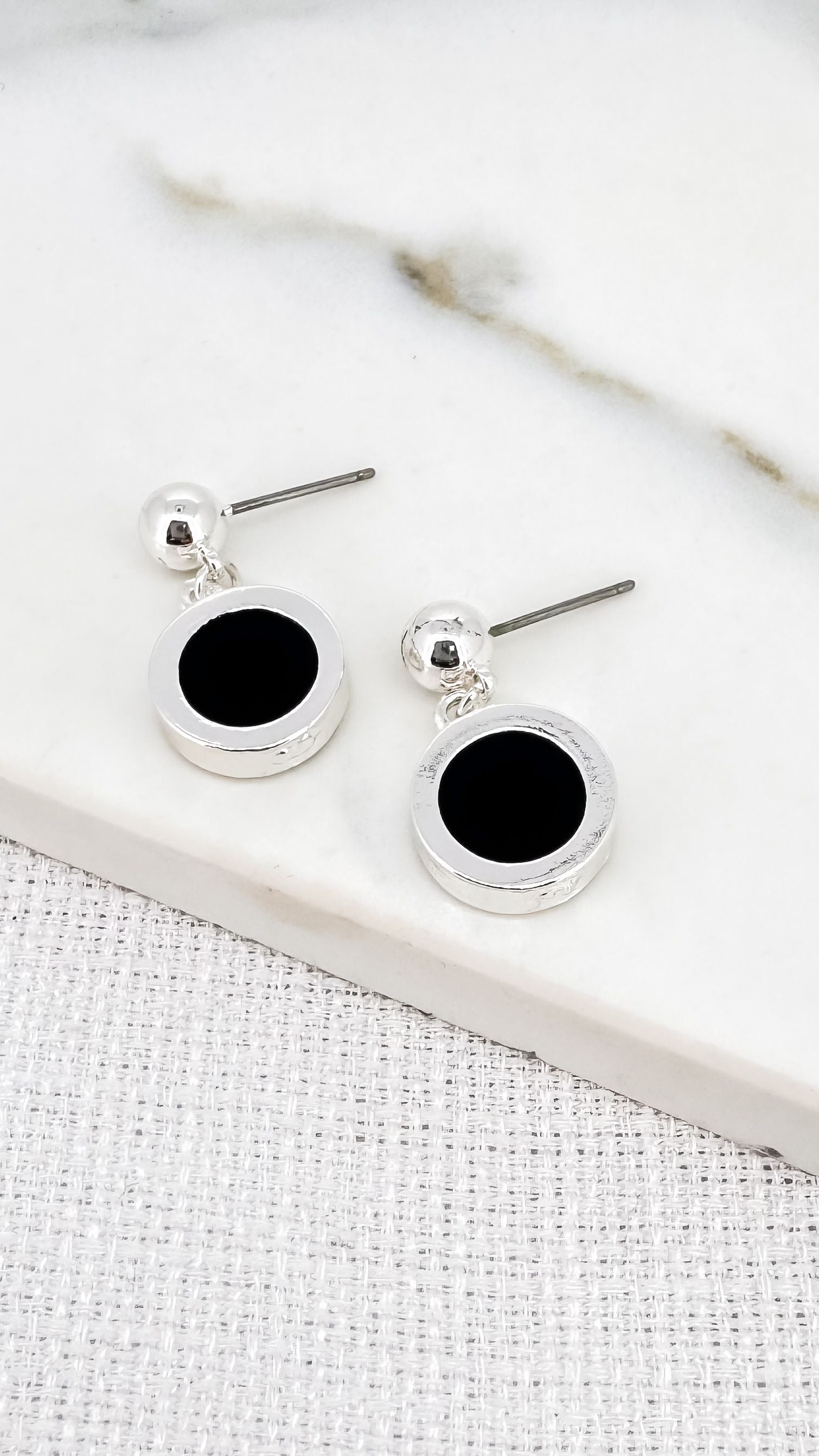Circle Drop Earrings in Silver & Black