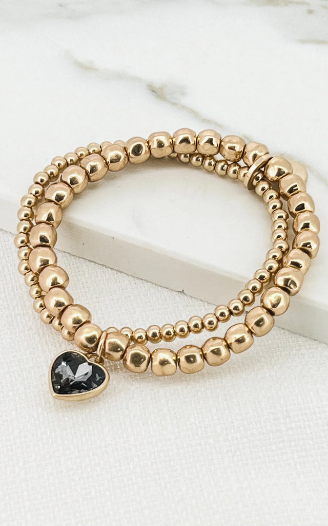 Double Layer Beaded Heart Pendant Bracelet in Gold