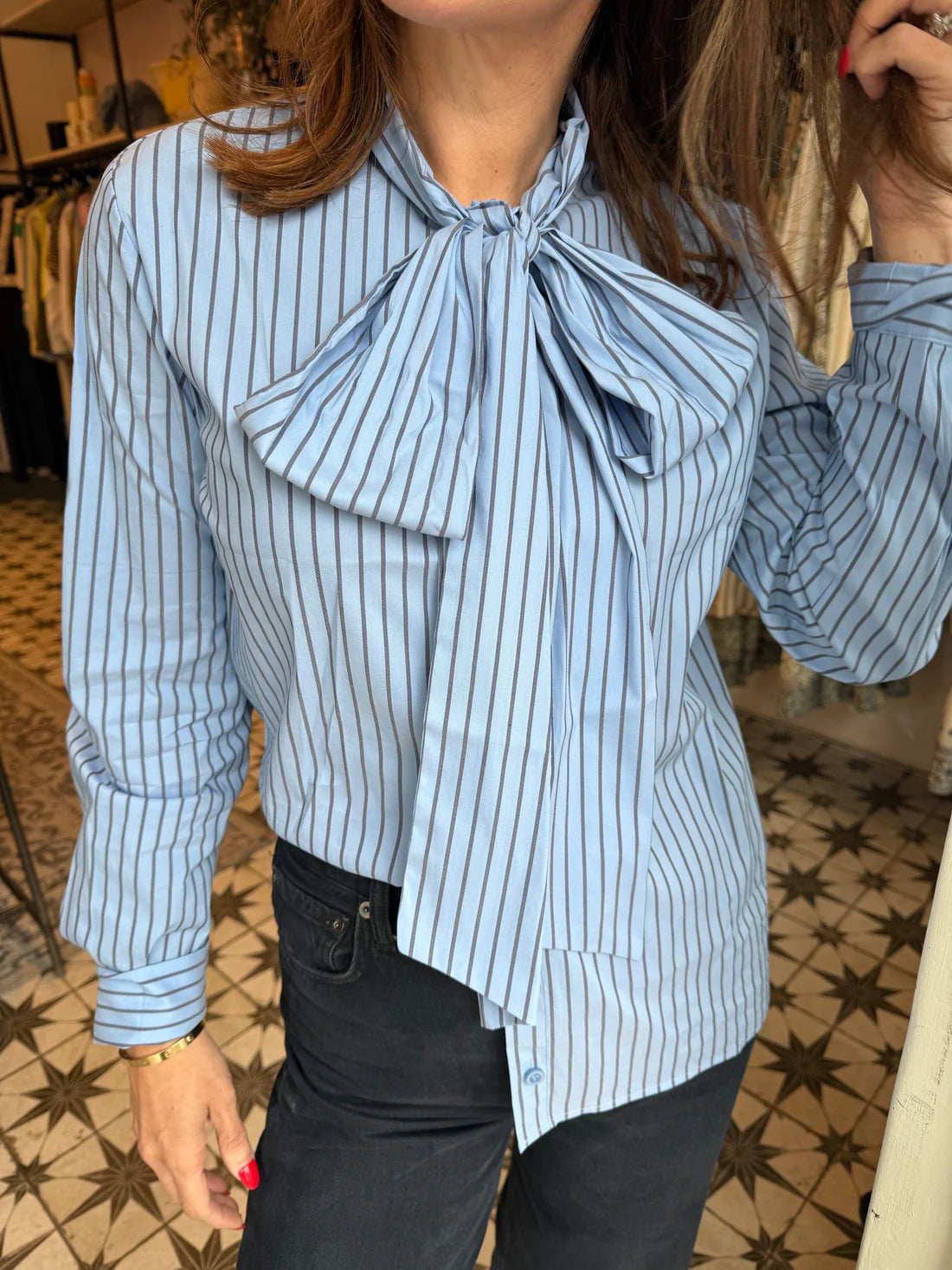 Lily Stripe Bow Shirt - Blue