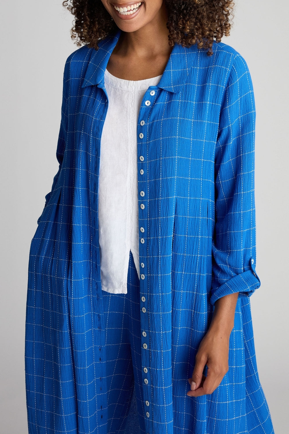 Stitched Grid Check Dress - Blue