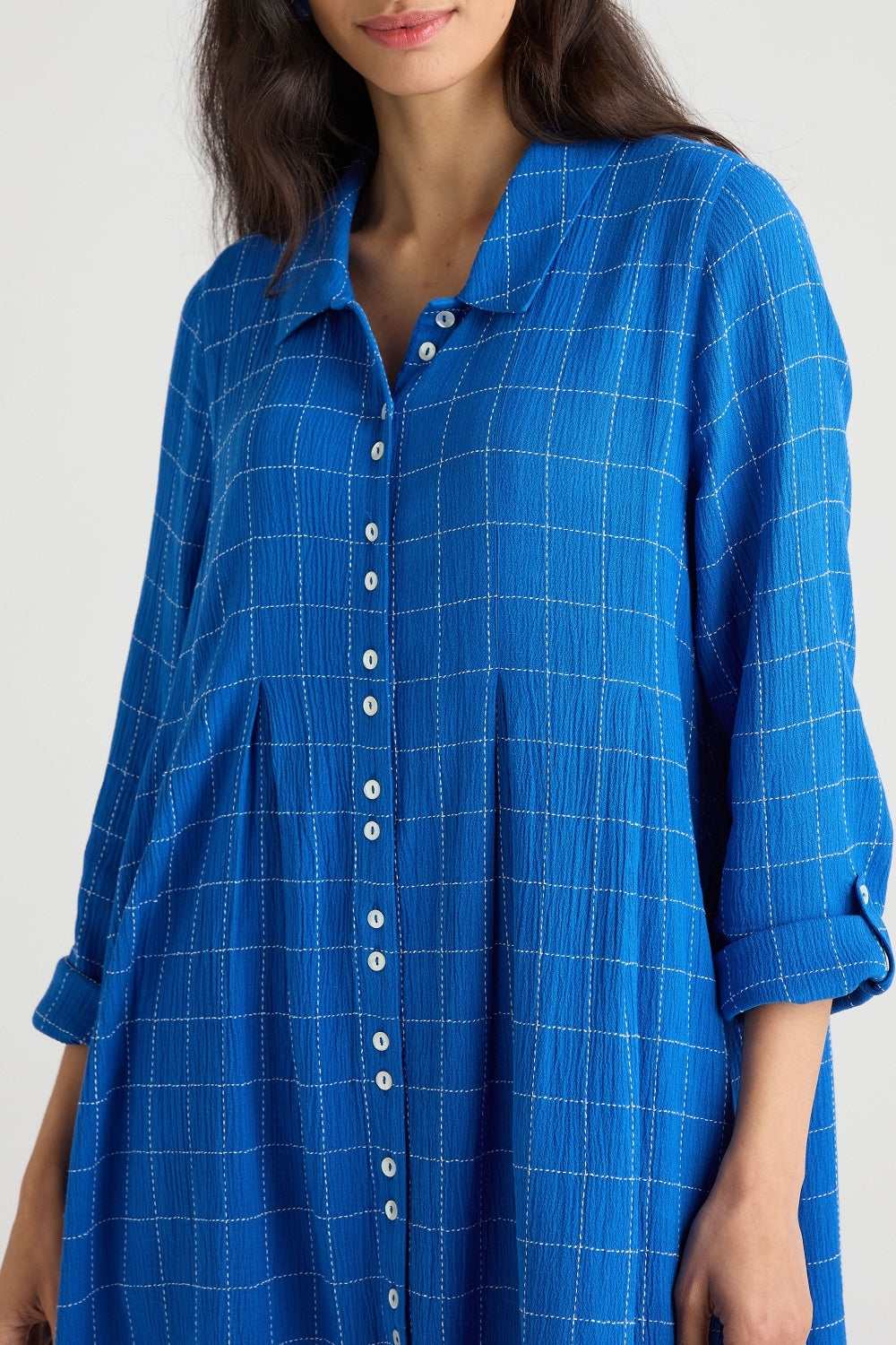 Stitched Grid Check Dress - Blue